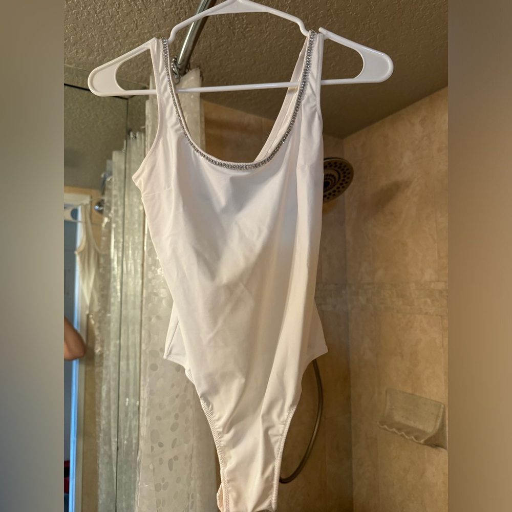 NWT Victoria’s Secret Cream Bodysuit with Rhinestone Trim